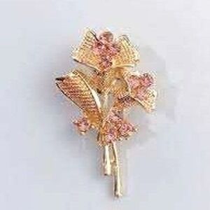 New Boutique Gold Pink Rhinestone Floral Brooch Pin 2" Rose Flower Gift Idea